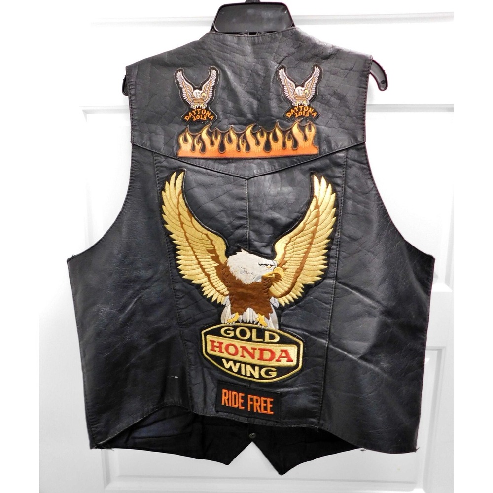 Unik Motorcycle‎ Vest Mens 46 Black Leather Honda Gold Wing Pins Patches Biker